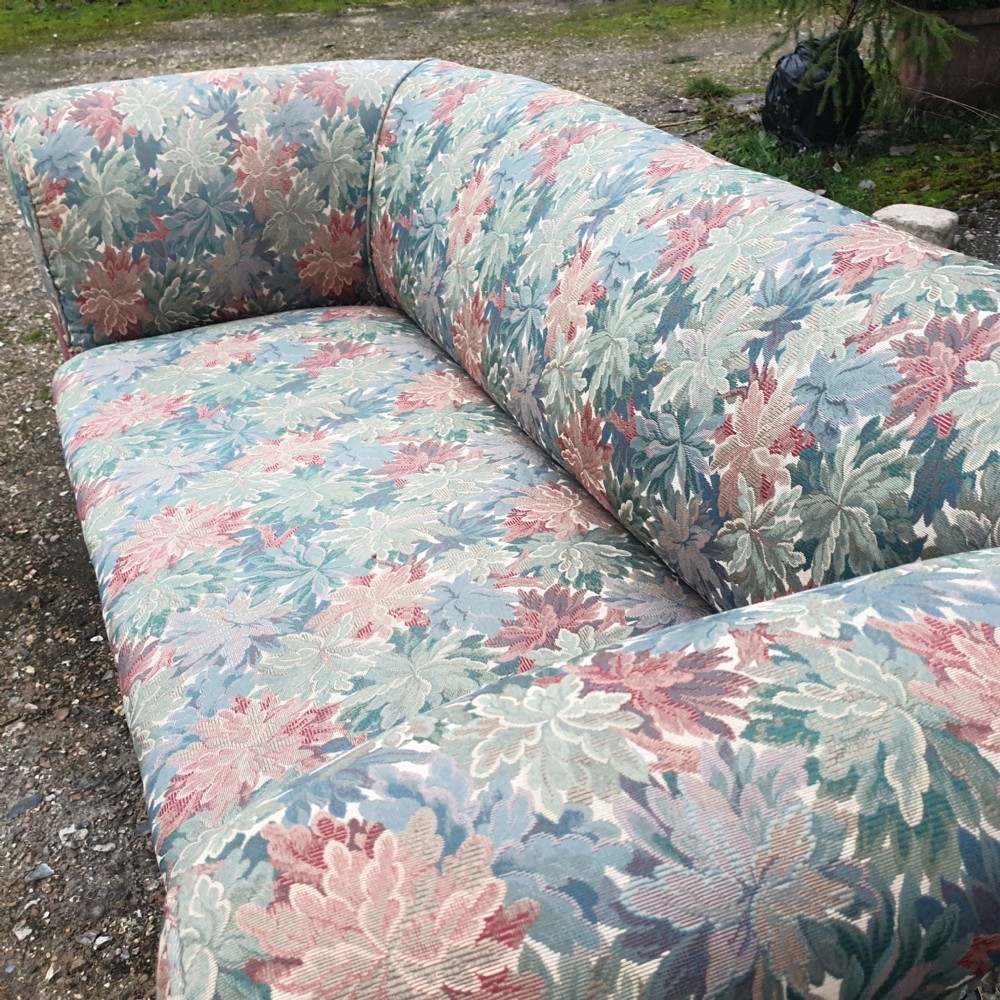 Edwardian upholstered Chesterfield sofa with drop arm. View V