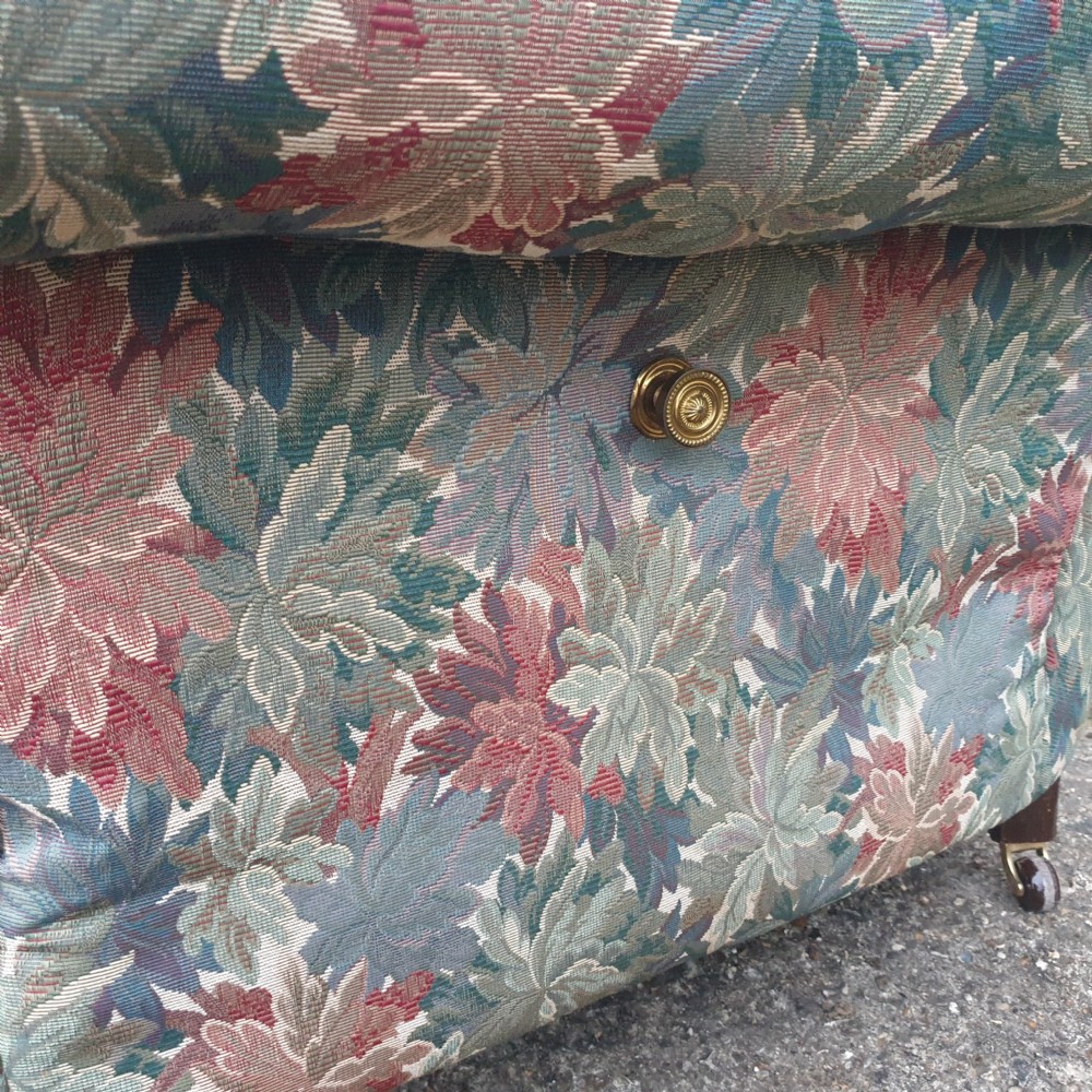 Edwardian upholstered Chesterfield sofa with drop arm. View VII