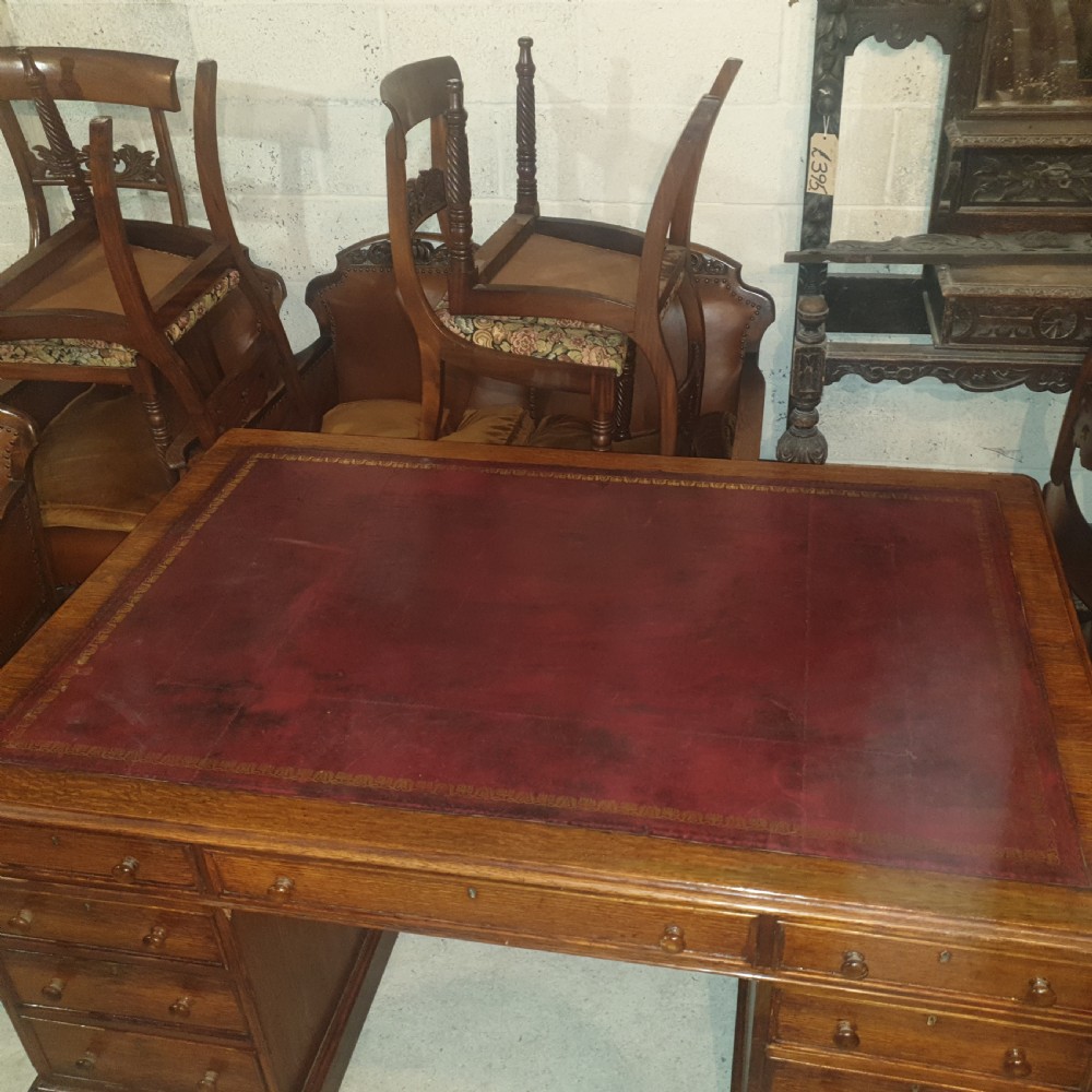 Late Victorian oak pedestal partners desk  View II