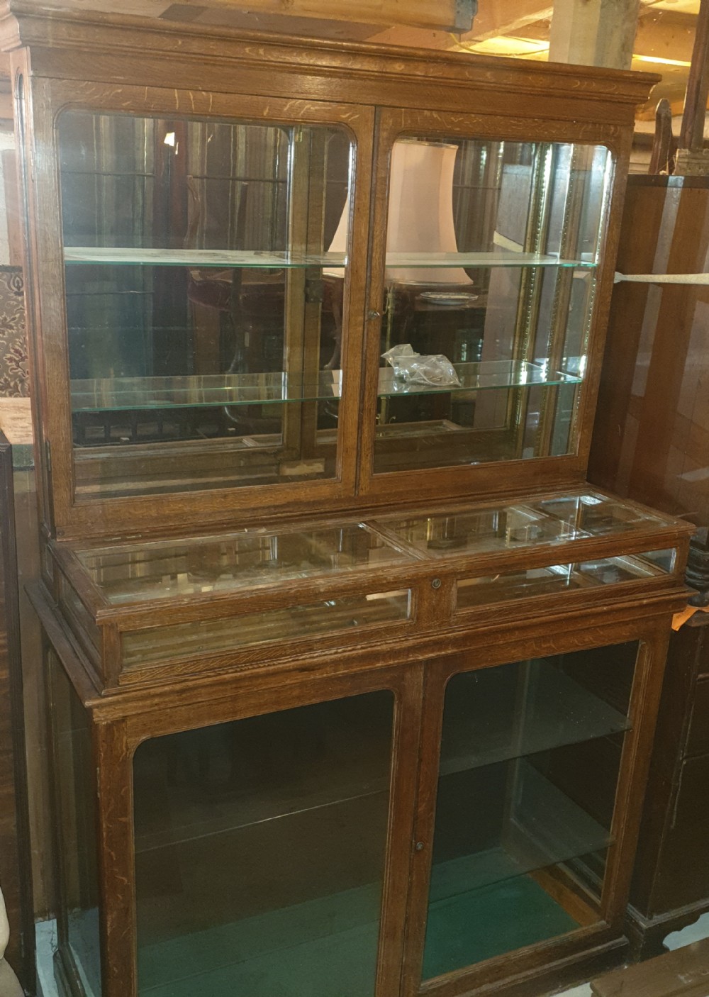 Edwardian oak shop display cabinet 