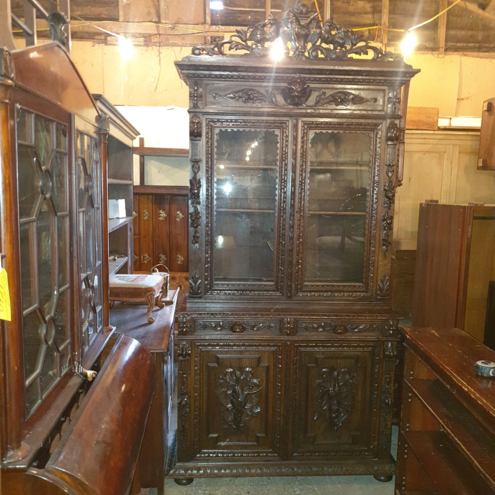 Large Victorian carved oak bookcase cabinet.  View II