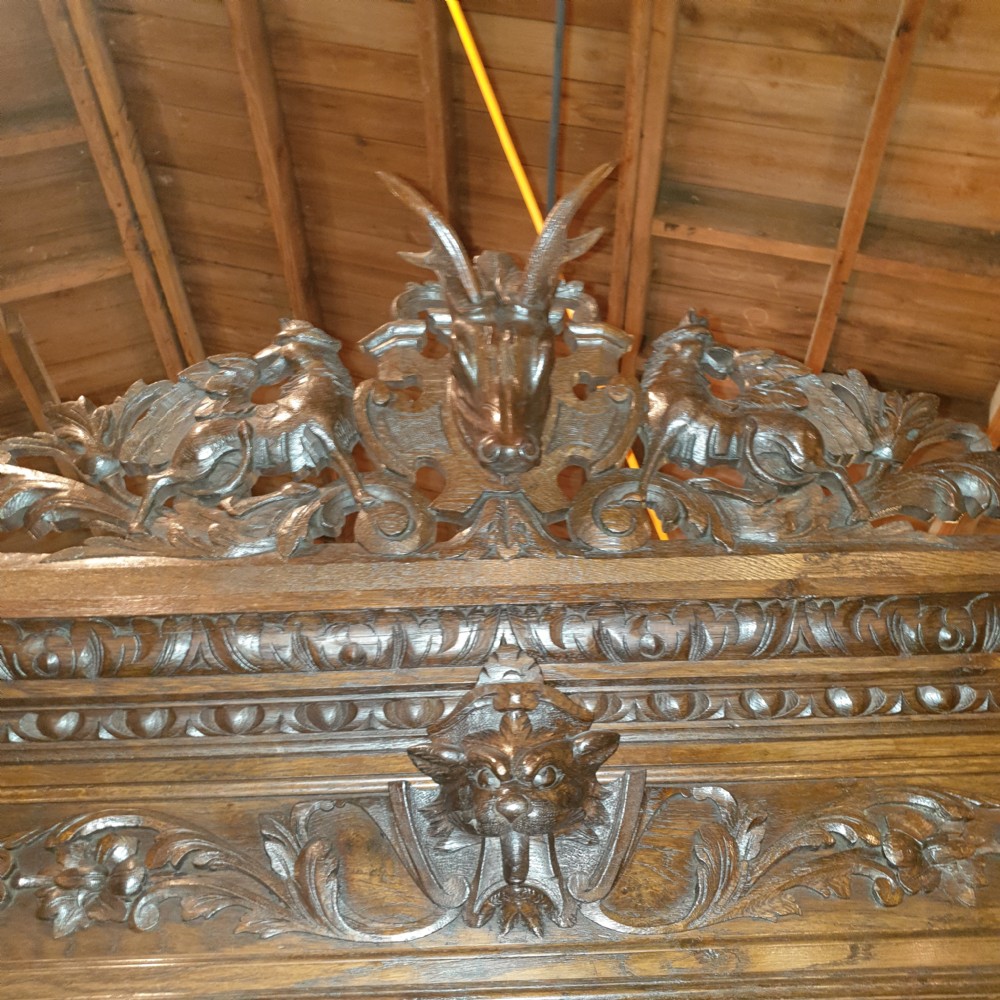 Large Victorian carved oak bookcase cabinet.  View III