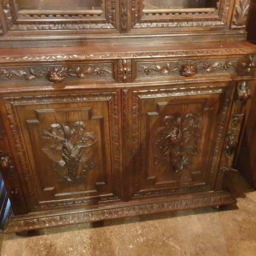 Large Victorian carved oak bookcase cabinet.  View IV