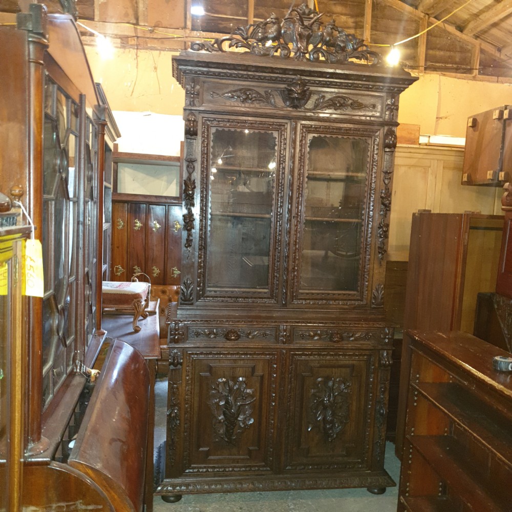Large Victorian carved oak bookcase cabinet.  View V