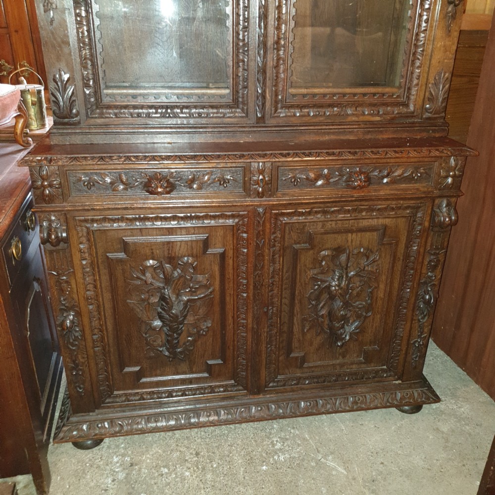 Large Victorian carved oak bookcase cabinet.  View VI
