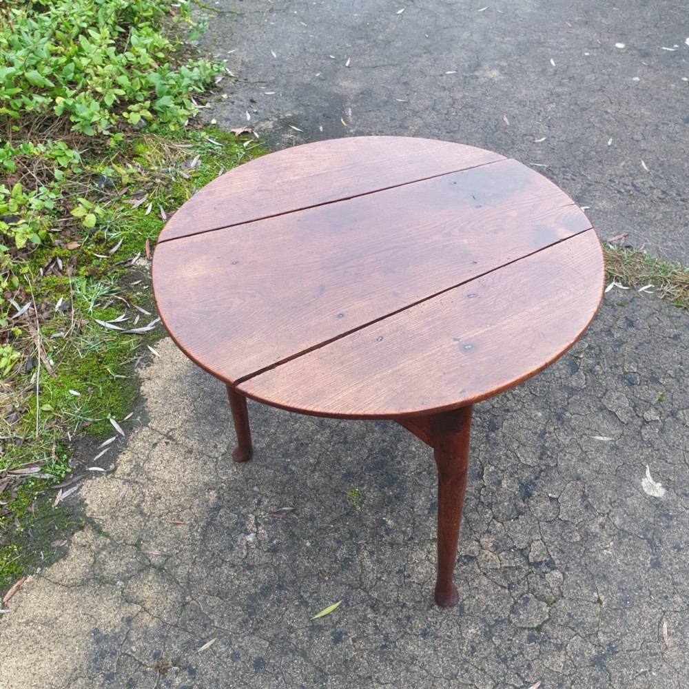 Rare mid 18th century elm drop flap cricket table.  View X