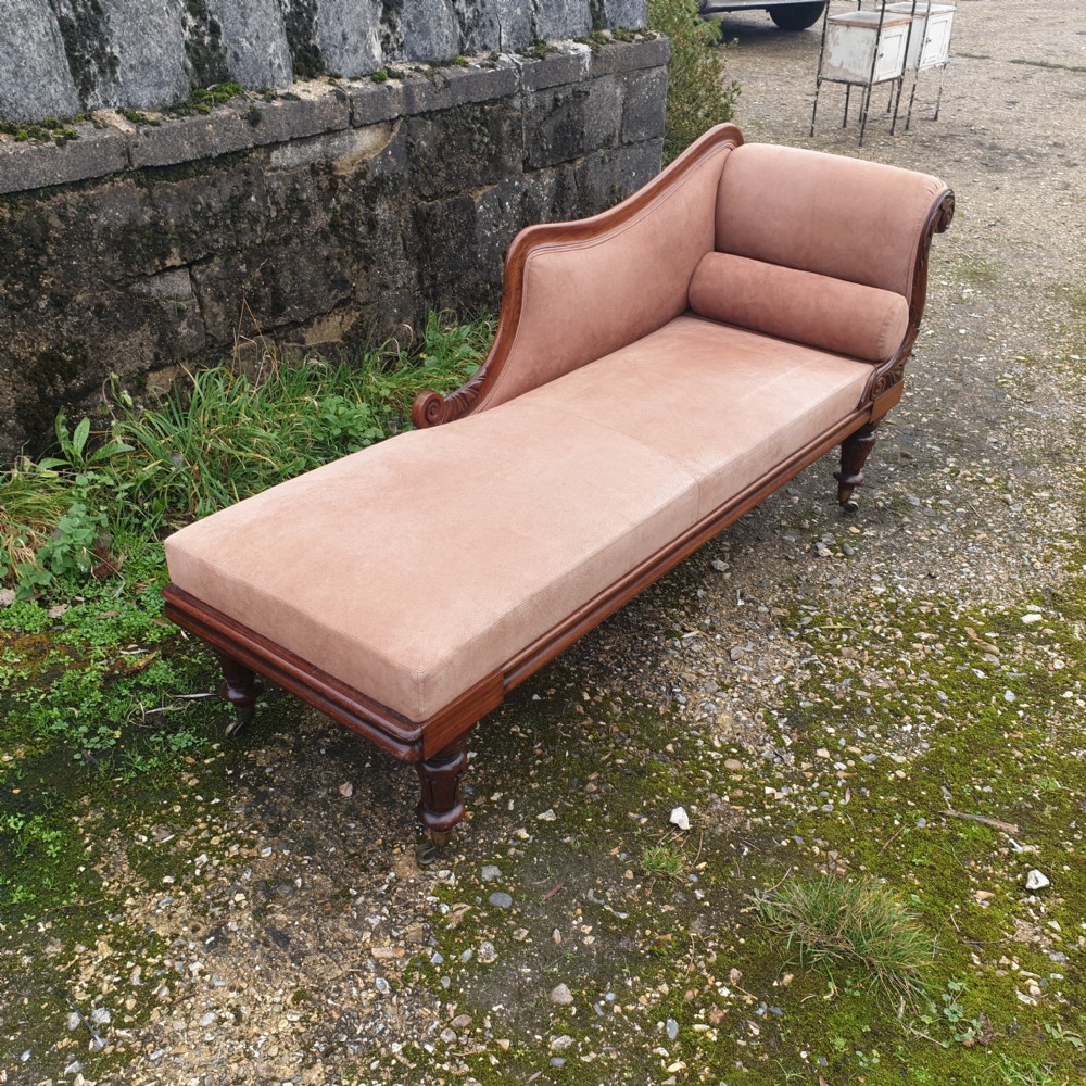 Early Victorian upholstered rosewood chaise longue.  View II