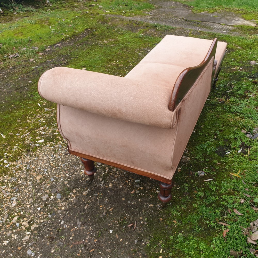 Early Victorian upholstered rosewood chaise longue.  View III