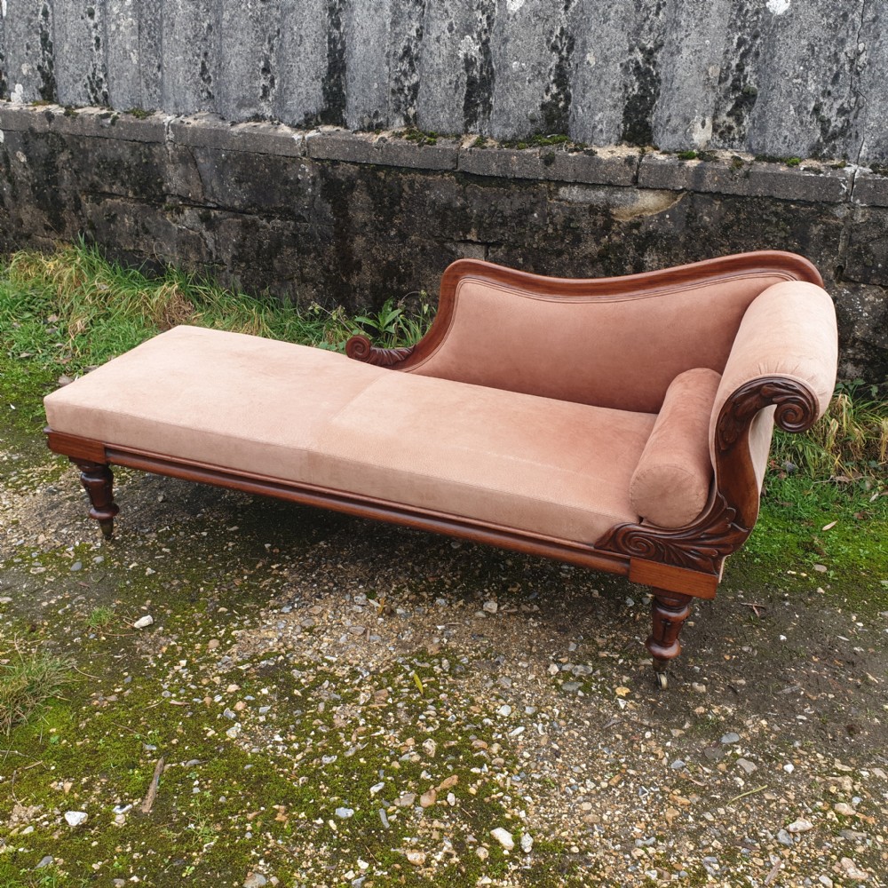 Early Victorian upholstered rosewood chaise longue.  View IV