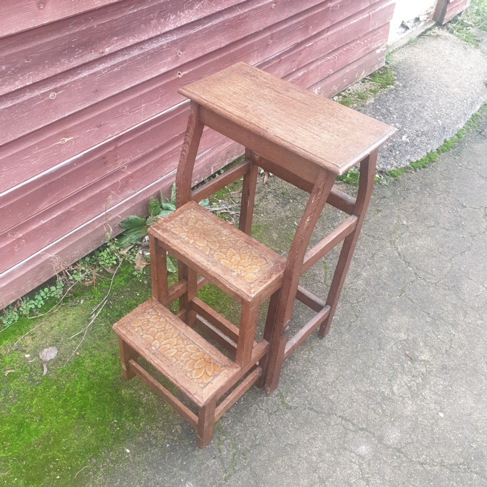 Set of late Victorian oak folding library steps.  View II