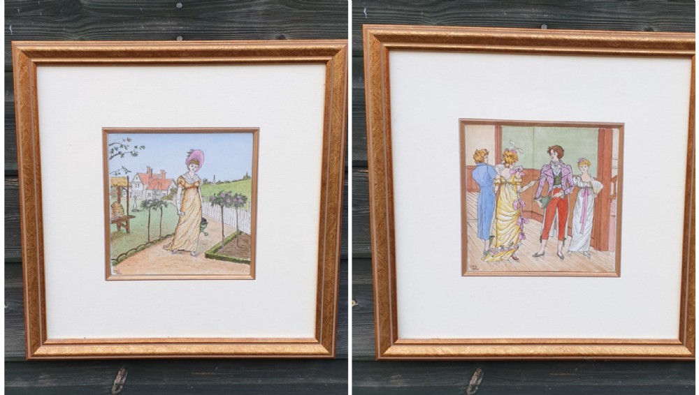 A pair of square gilt-framed wall artworks featuring hand-painted ceramic tiles depicting Regency-era figures in garden and indoor settings.