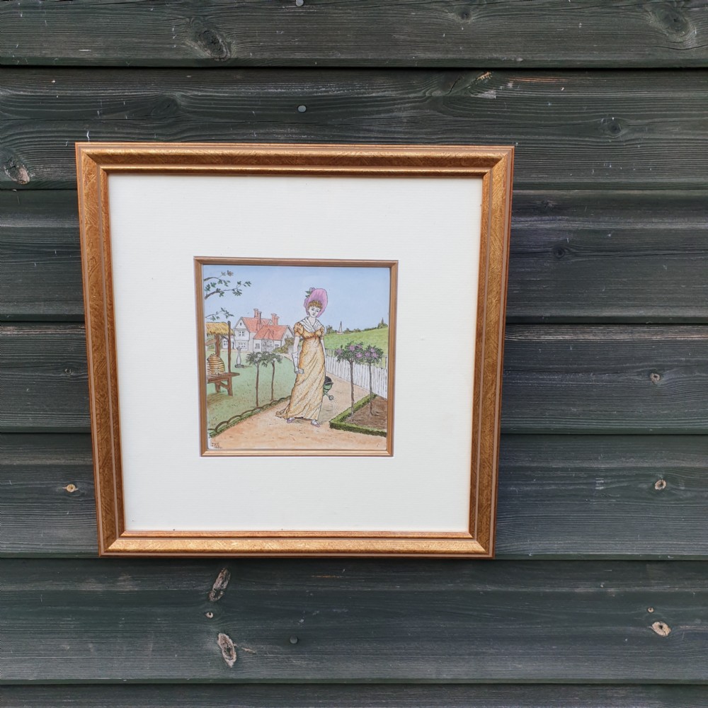 A pair of square gilt-framed wall artworks featuring hand-painted ceramic tiles depicting Regency-era figures in garden and indoor settings. View II