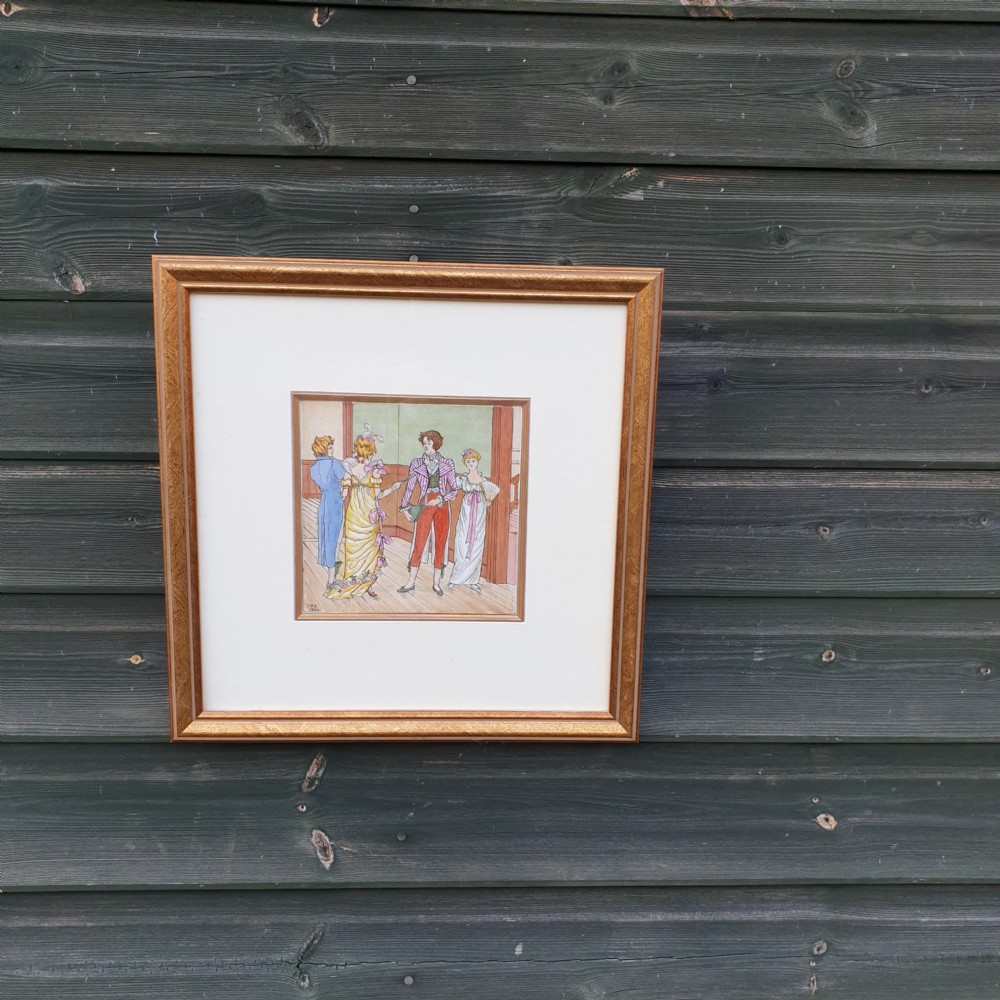 A pair of square gilt-framed wall artworks featuring hand-painted ceramic tiles depicting Regency-era figures in garden and indoor settings. View III