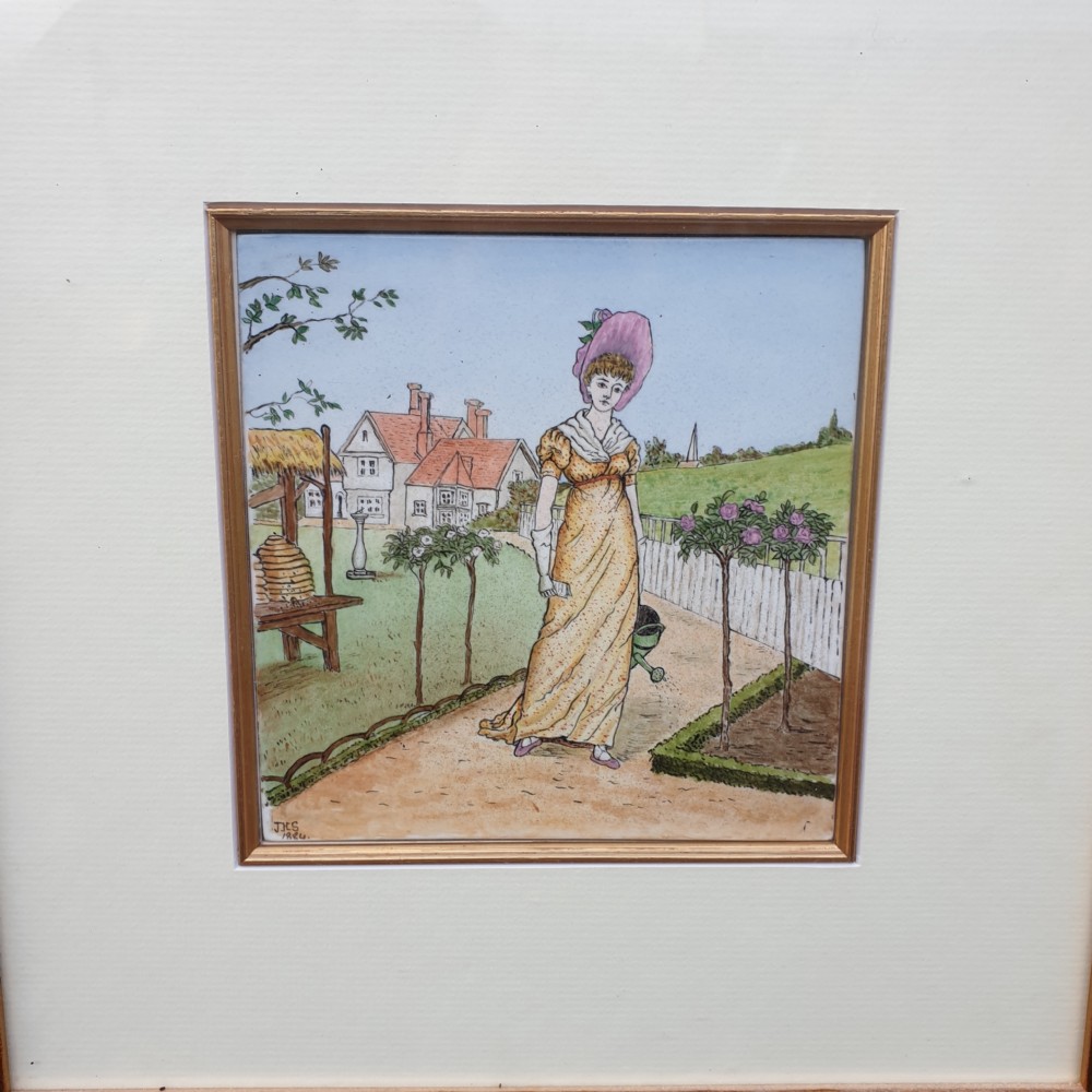 A pair of square gilt-framed wall artworks featuring hand-painted ceramic tiles depicting Regency-era figures in garden and indoor settings. View IV