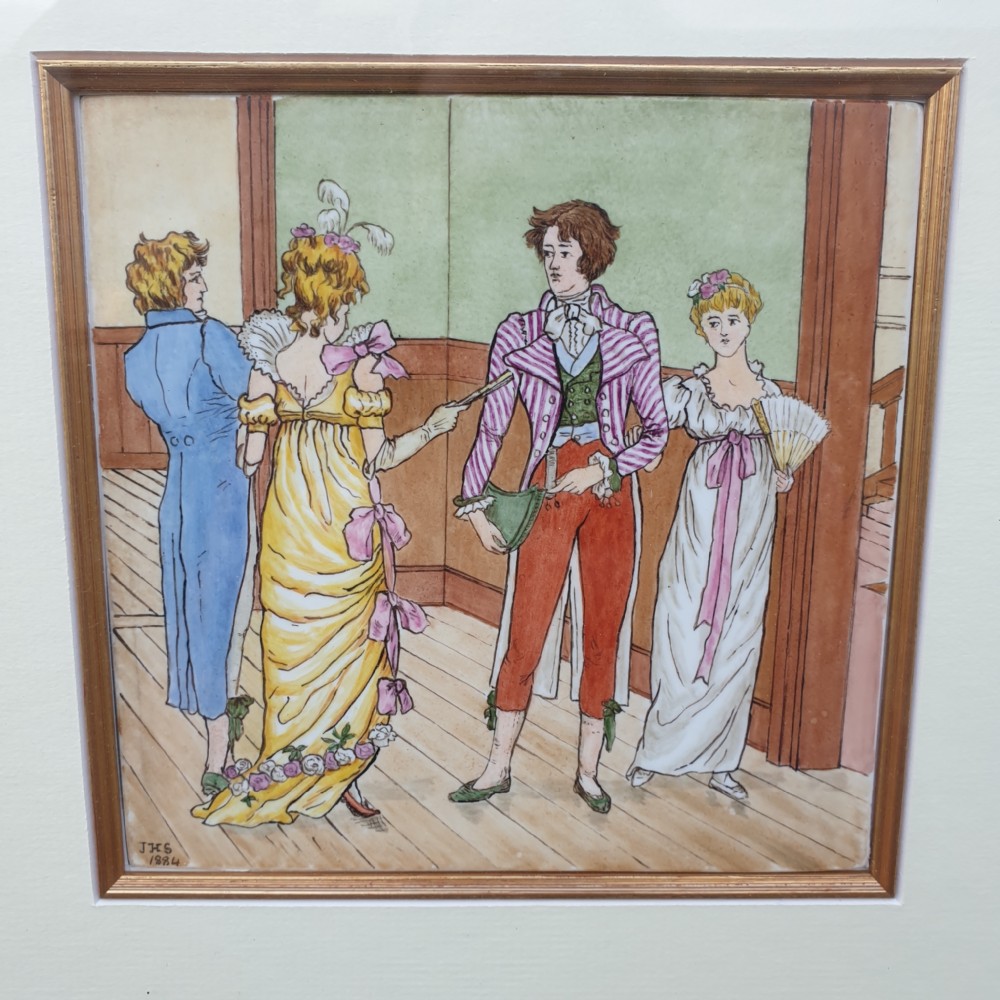 A pair of square gilt-framed wall artworks featuring hand-painted ceramic tiles depicting Regency-era figures in garden and indoor settings. View V