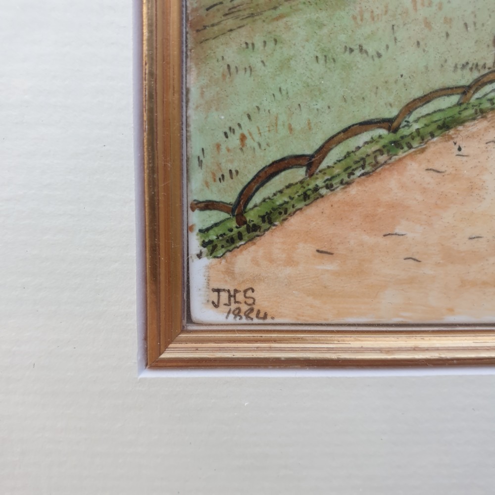 A pair of square gilt-framed wall artworks featuring hand-painted ceramic tiles depicting Regency-era figures in garden and indoor settings. View VI