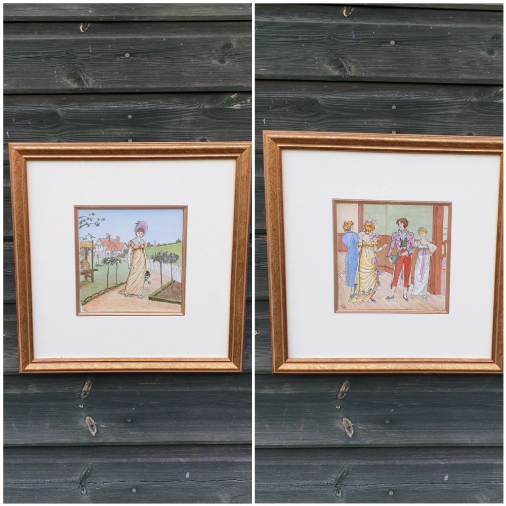 A pair of square gilt-framed wall artworks featuring hand-painted ceramic tiles depicting Regency-era figures in garden and indoor settings. View VIII
