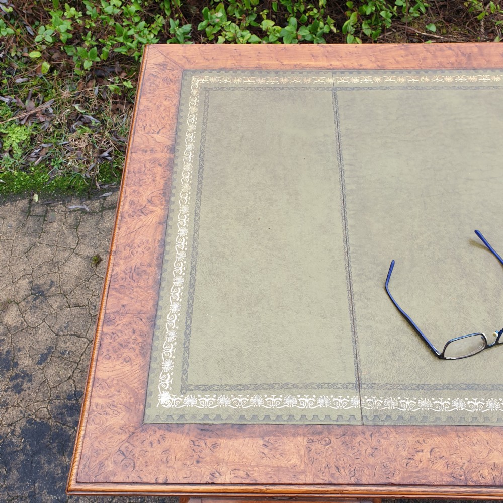Burr oak and oak kneehole pedestal writing desk.  View II