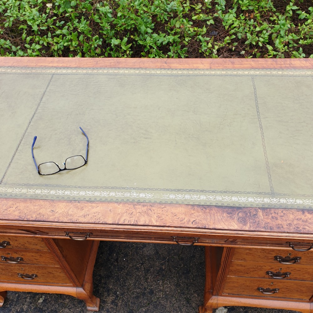 Burr oak and oak kneehole pedestal writing desk.  View III