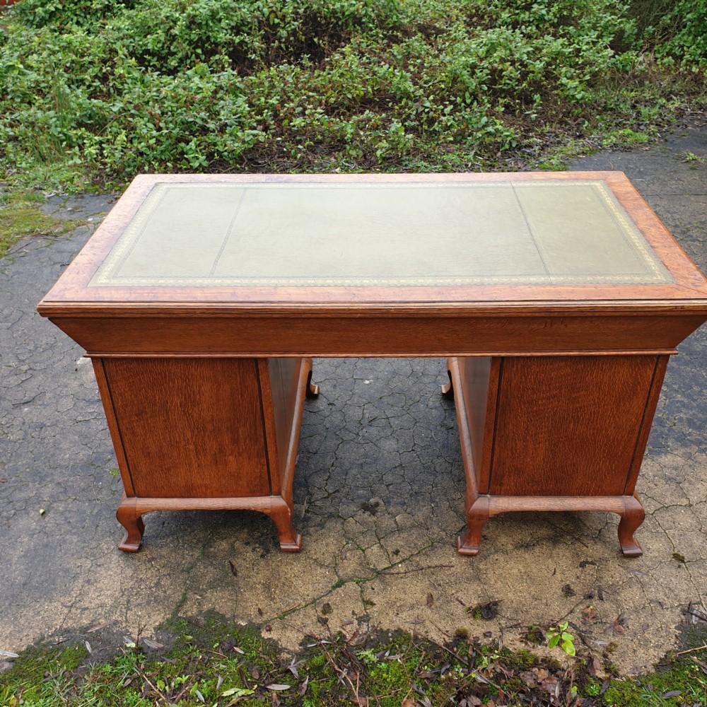 Burr oak and oak kneehole pedestal writing desk.  View V