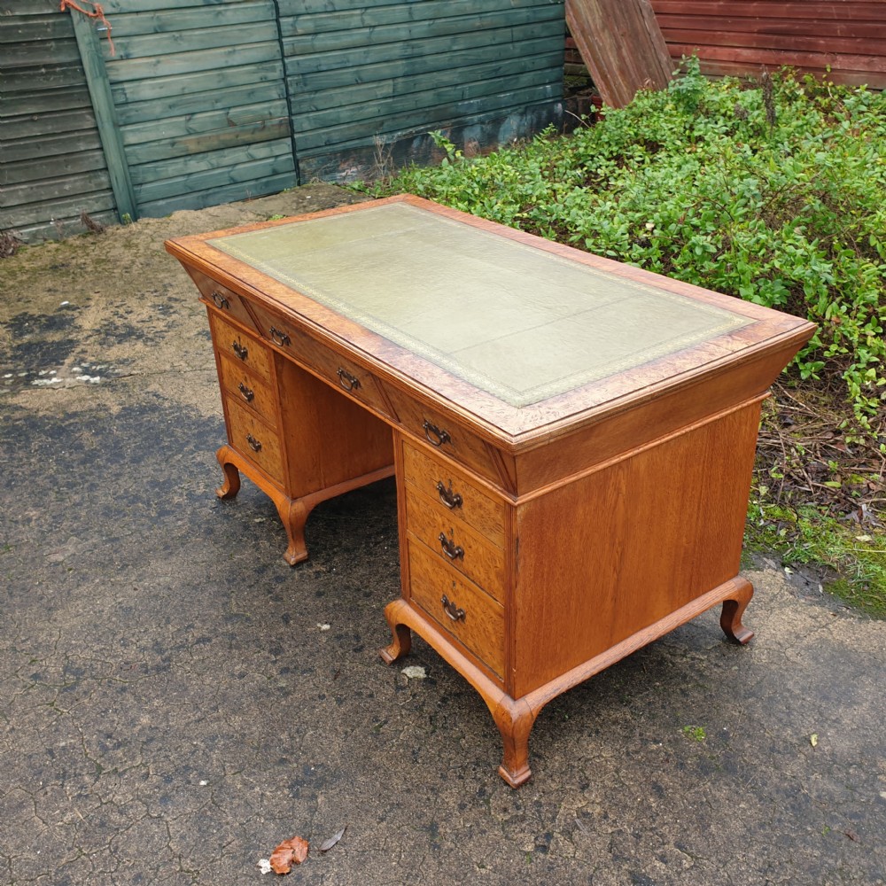 Burr oak and oak kneehole pedestal writing desk.  View VII