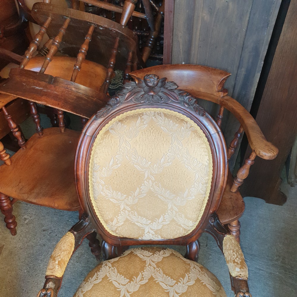 Victorian carved walnut spoon back bedroom armchair  View II