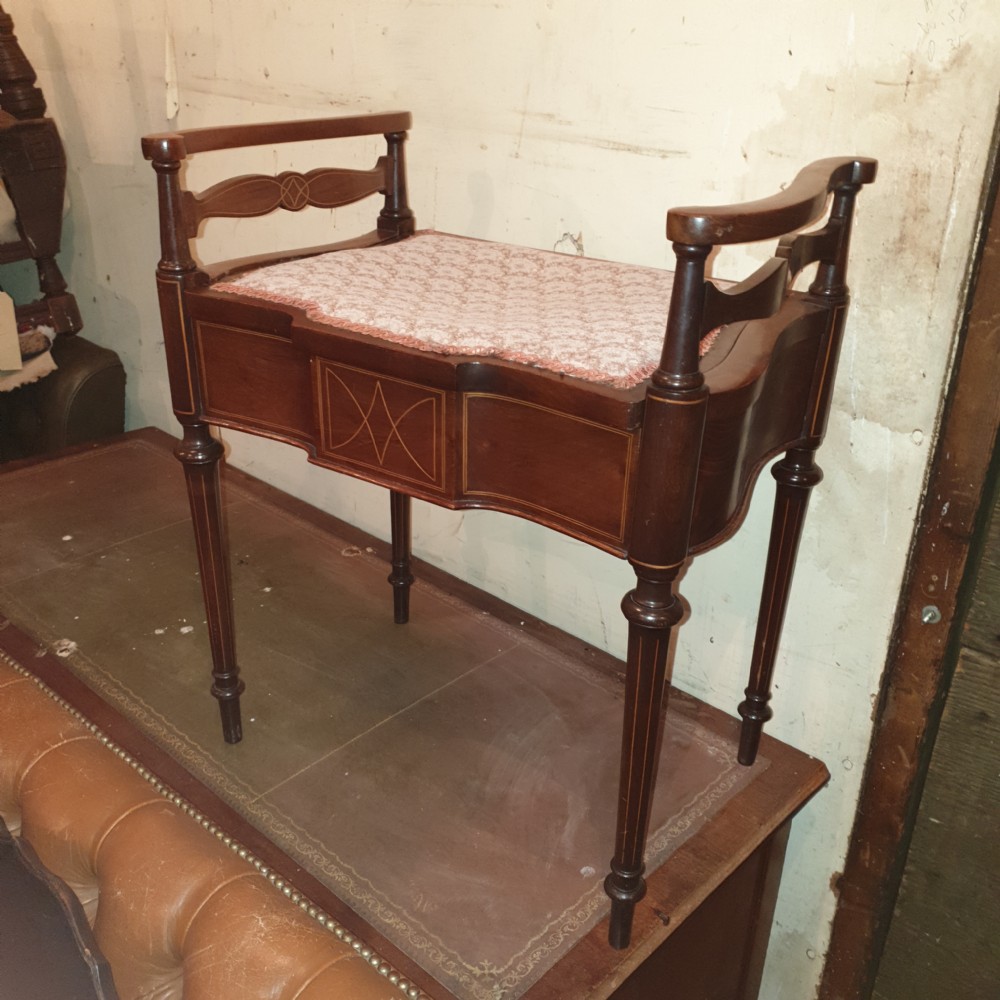 Edwardian inlaid mahogany box seat piano stool. View II