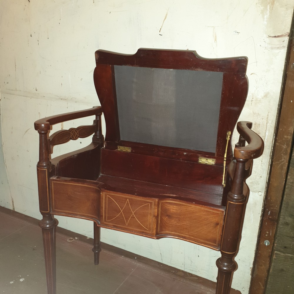 Edwardian inlaid mahogany box seat piano stool. View III