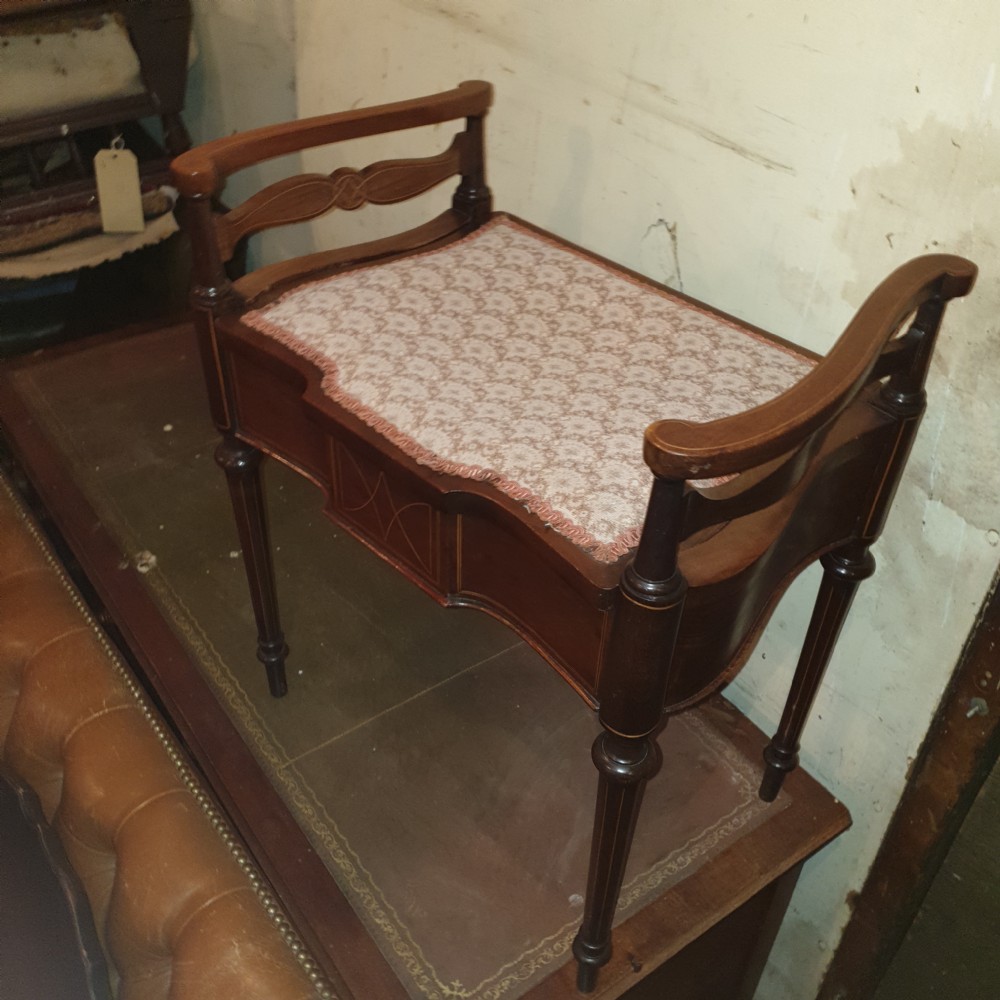 Edwardian inlaid mahogany box seat piano stool. View V