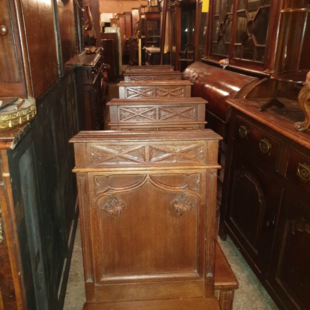 Set of 6 oak Gothic hall chairs.  View II