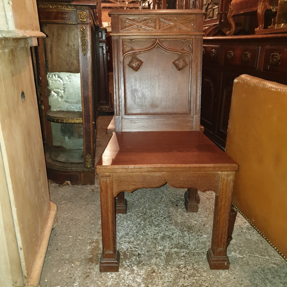 Set of 6 oak Gothic hall chairs.  View V