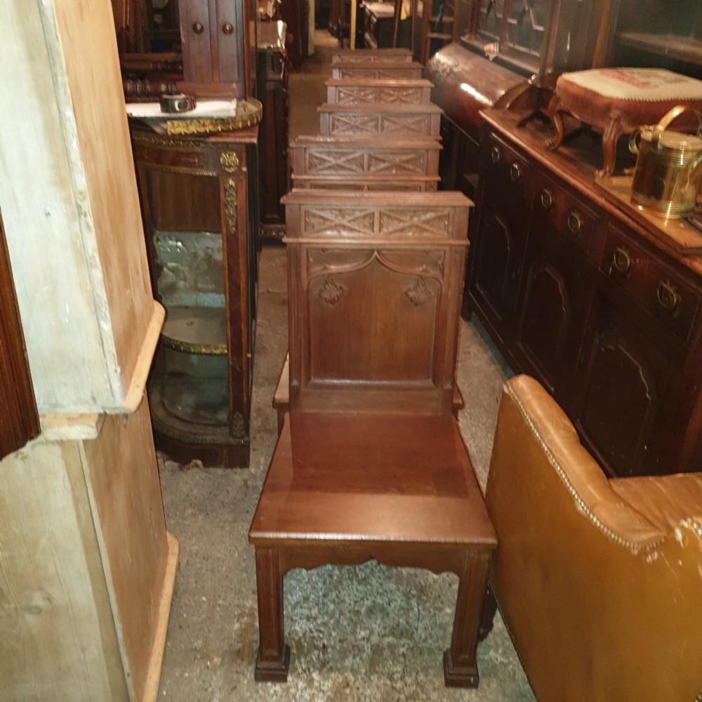 Set of 6 oak Gothic hall chairs.  View VI