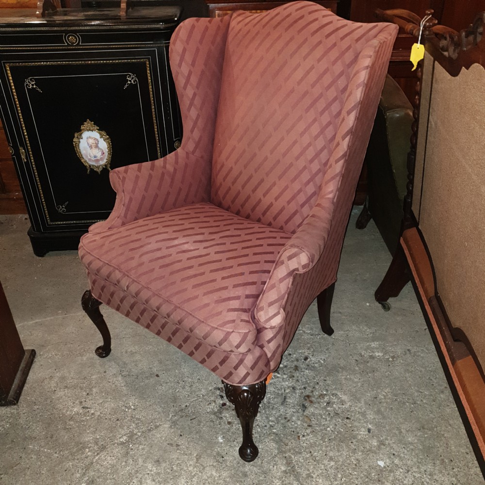 Mahogany frame wing back upholstered armchair.  View II