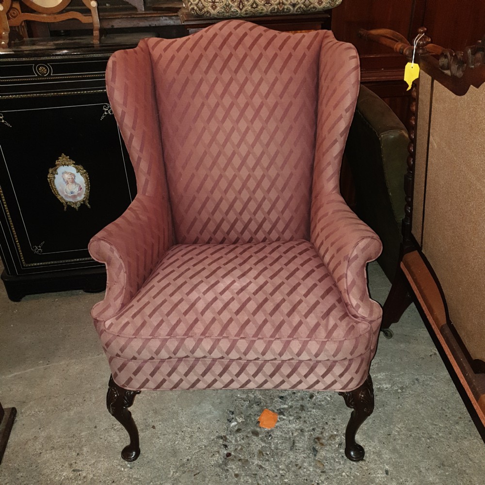 Mahogany frame wing back upholstered armchair.  View IV