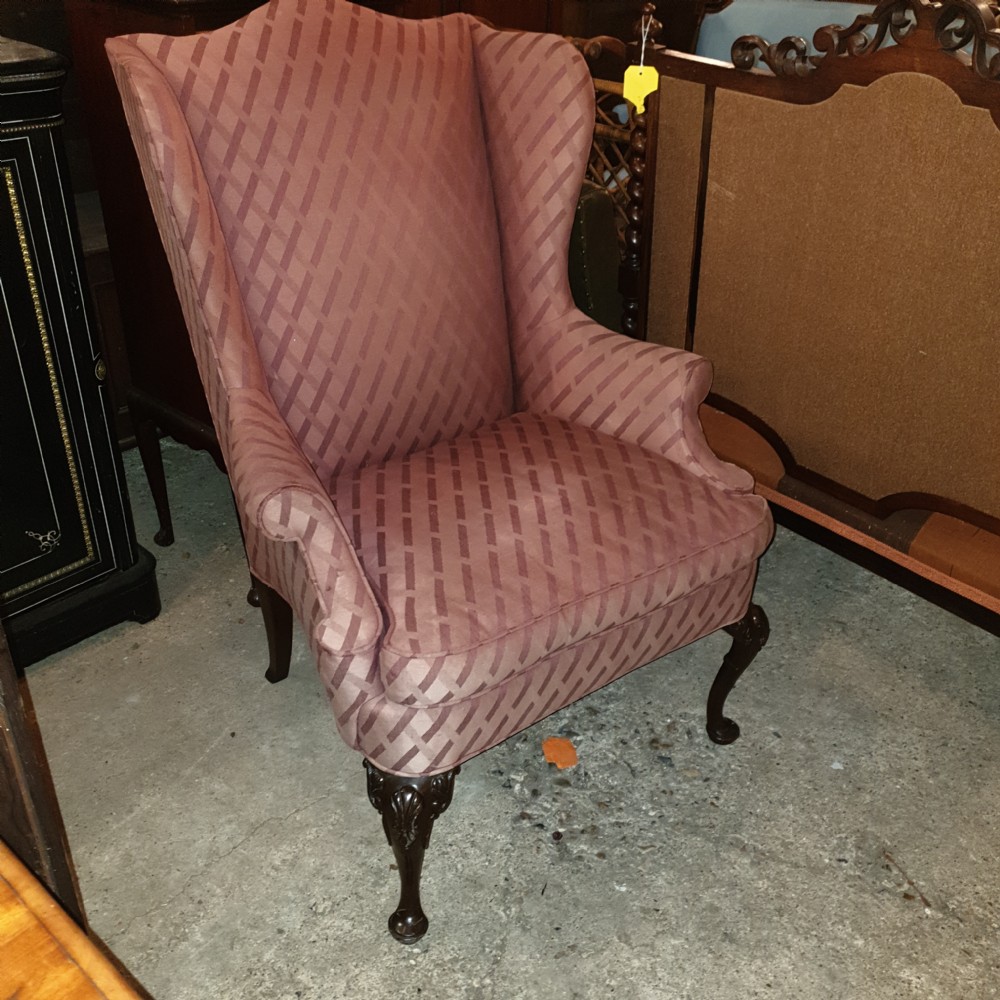 Mahogany frame wing back upholstered armchair.  View V