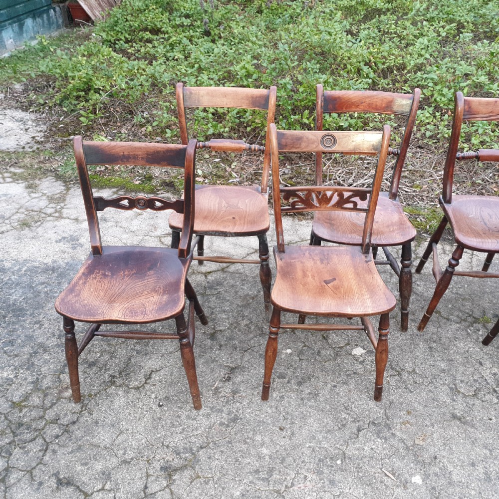 Harlequin set of 8 19th century Windsor farmhouse kitchen chairs. View III
