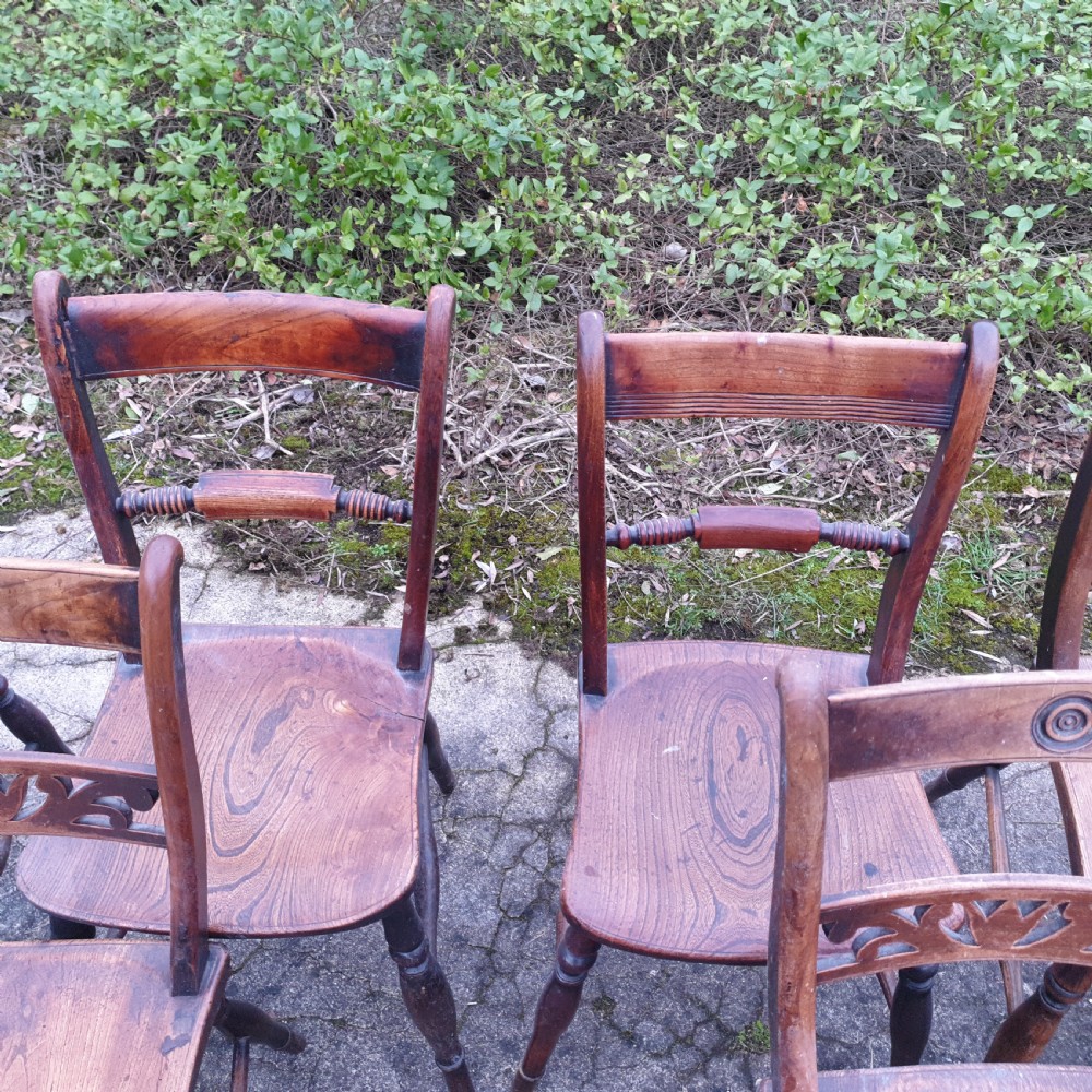 Harlequin set of 8 19th century Windsor farmhouse kitchen chairs. View V