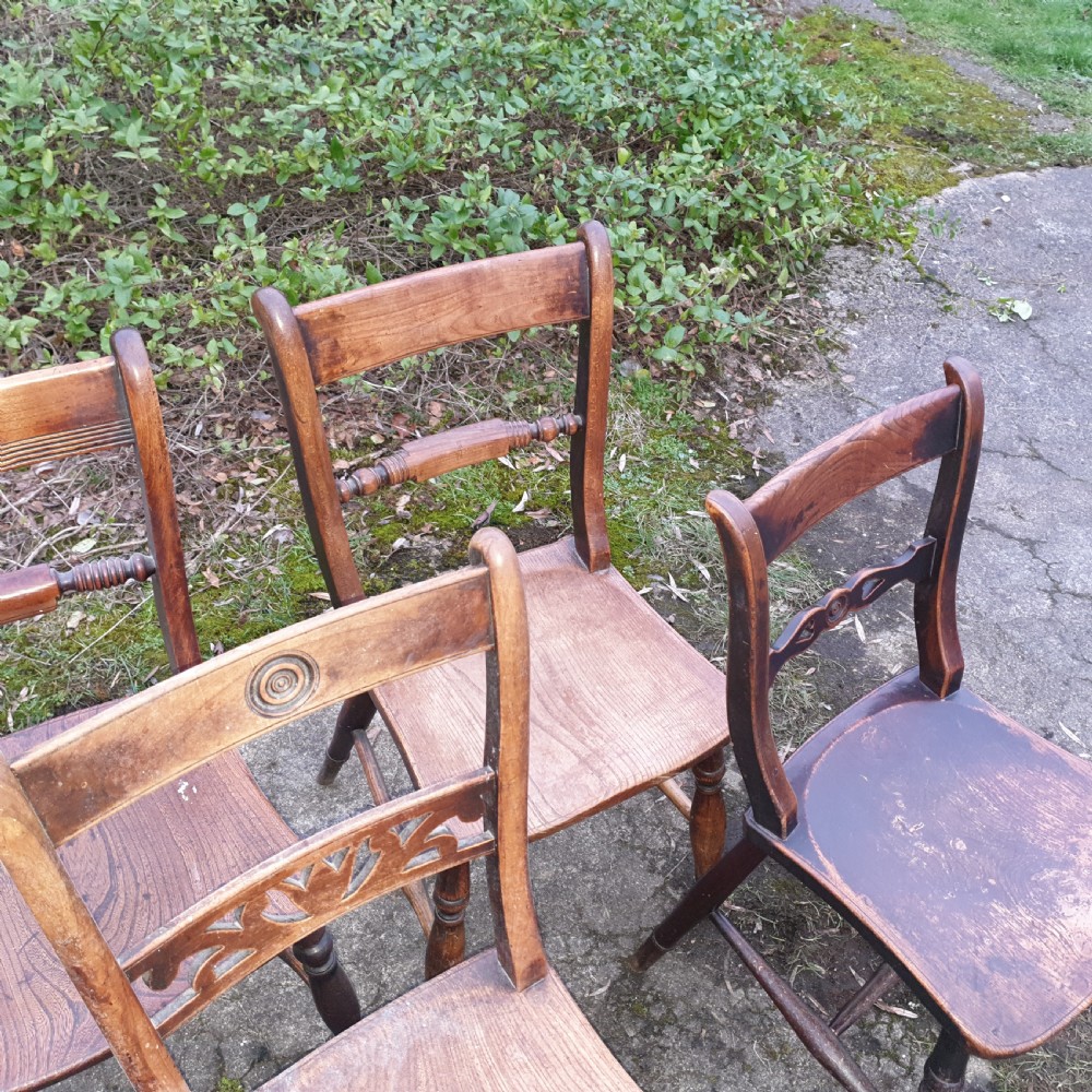 Harlequin set of 8 19th century Windsor farmhouse kitchen chairs. View VI