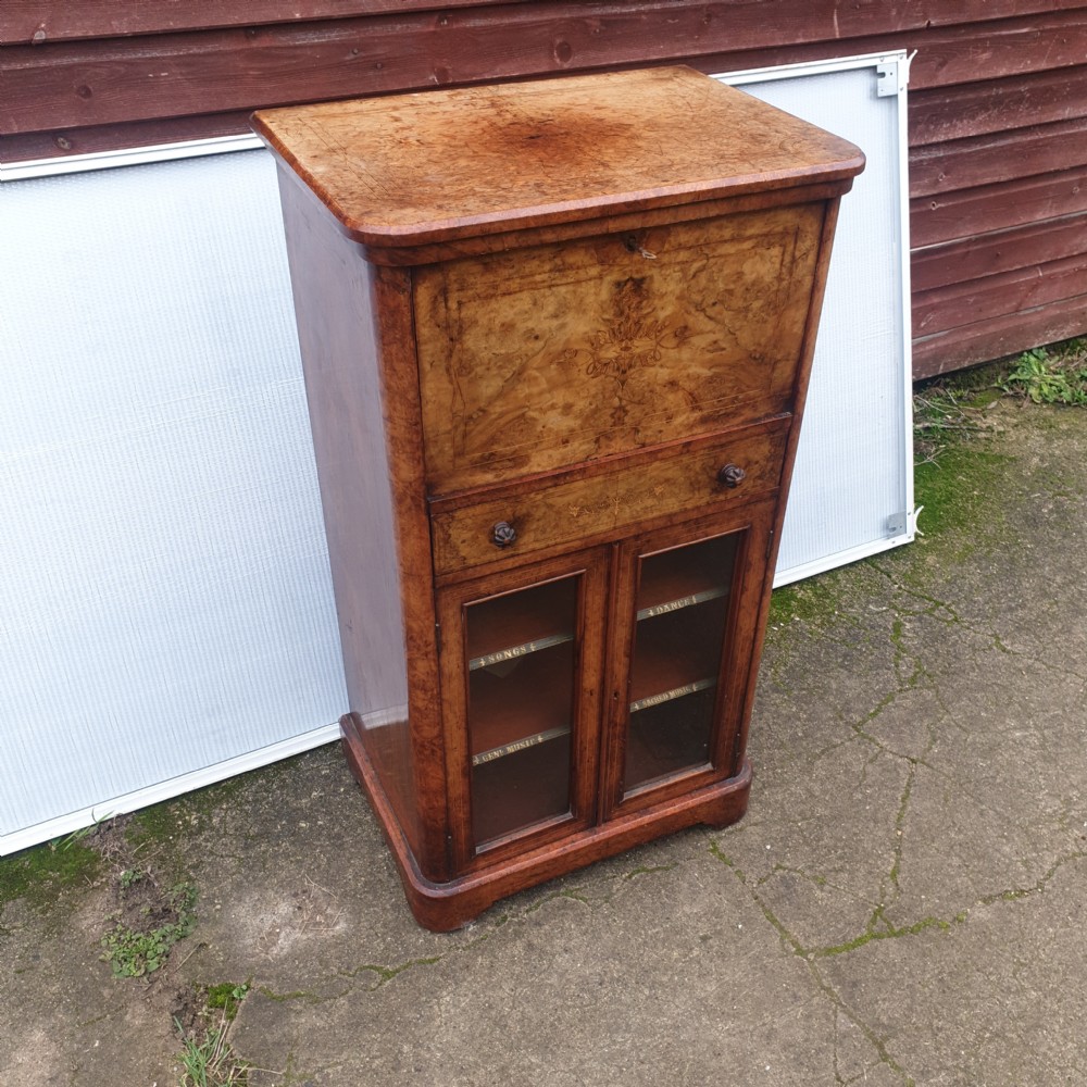 Victorian inlaid walnut secretaire music cabinet. 