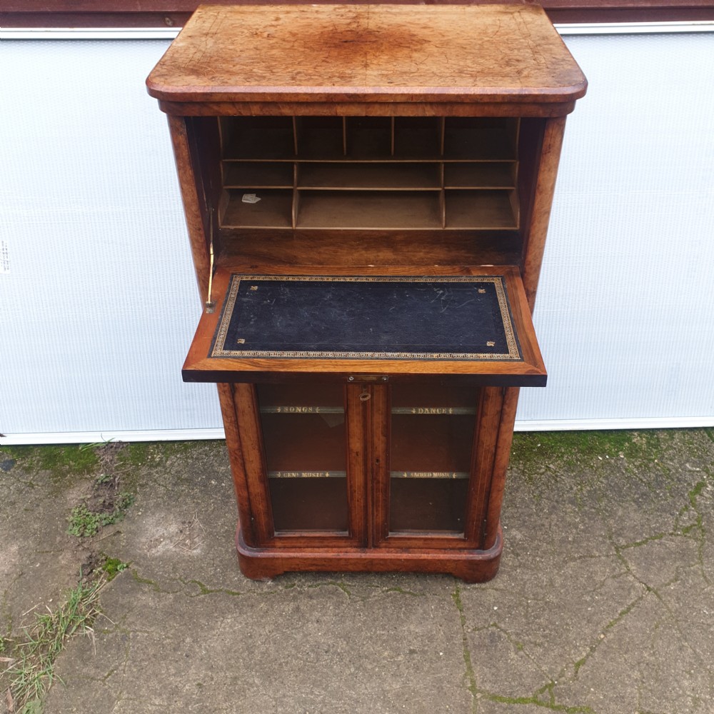 Victorian inlaid walnut secretaire music cabinet.  View II