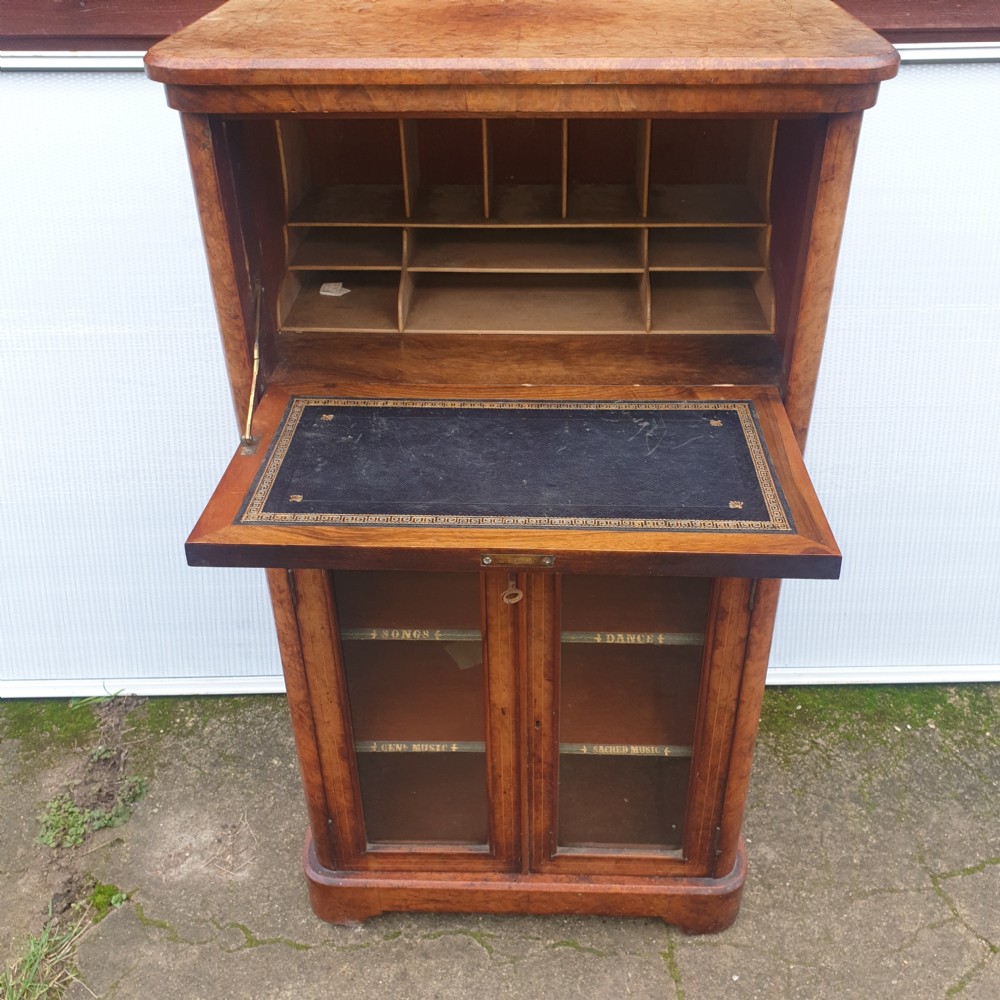 Victorian inlaid walnut secretaire music cabinet.  View III