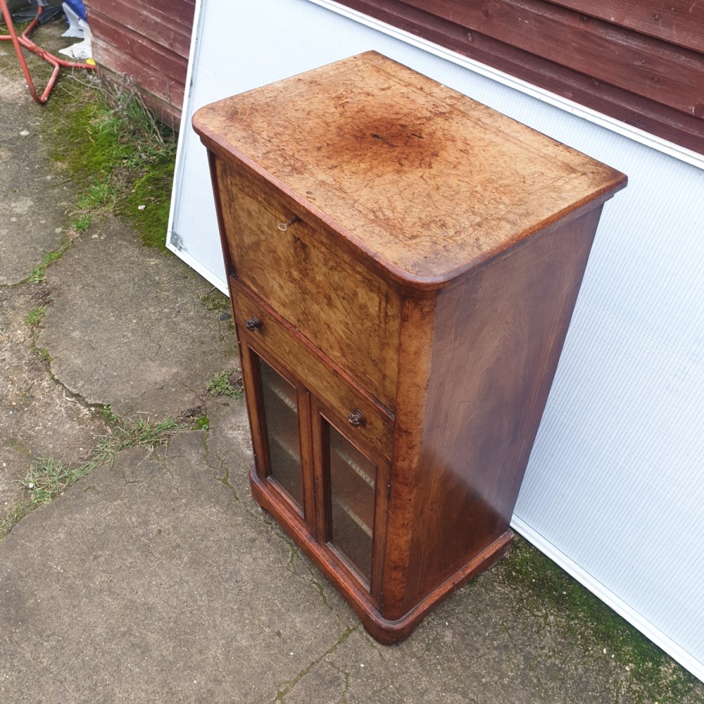 Victorian inlaid walnut secretaire music cabinet.  View IV
