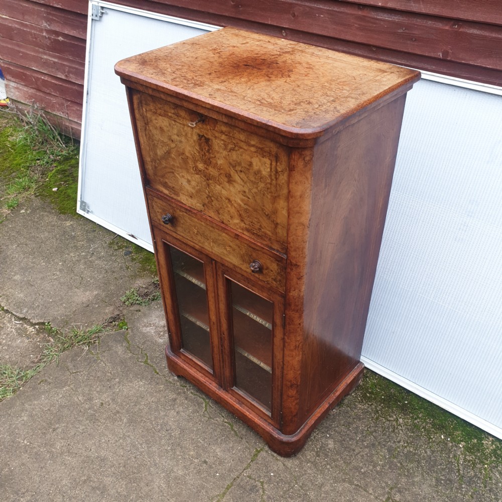 Victorian inlaid walnut secretaire music cabinet.  View V