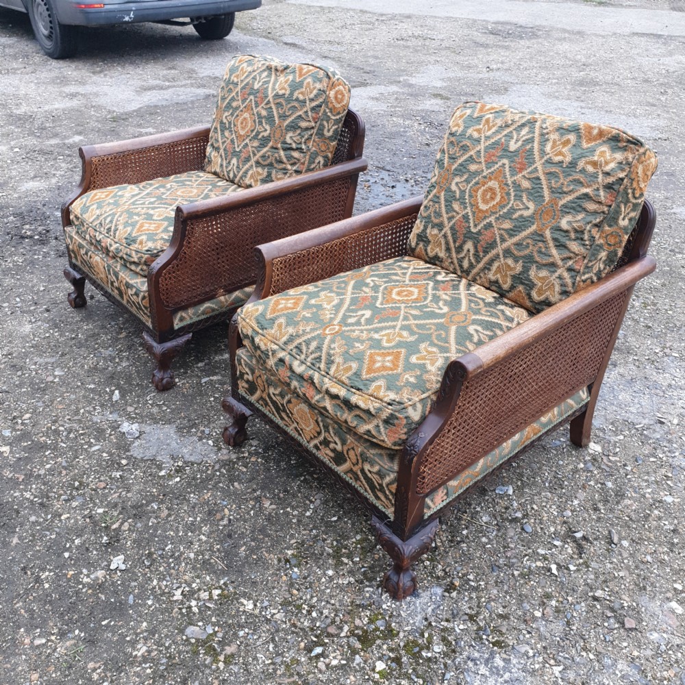 Pair of Edwardian country house bergere armchairs  View XI
