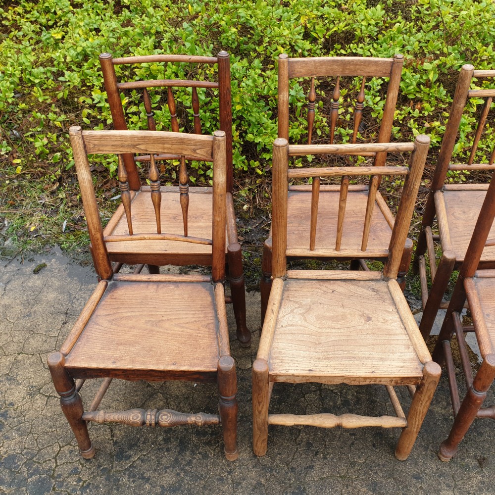 Harlequin set of early 19th century wood seat country chairs. View II