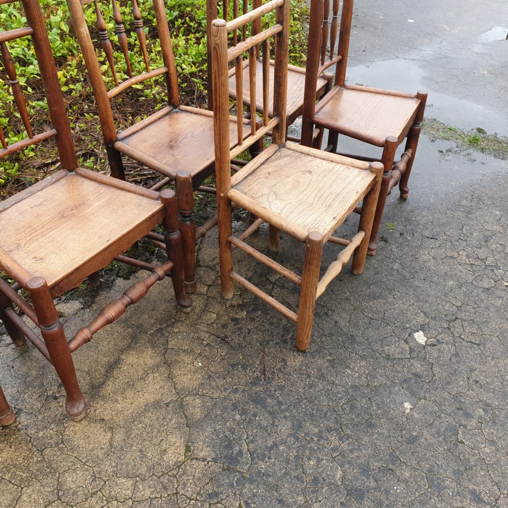 Harlequin set of early 19th century wood seat country chairs. View IV