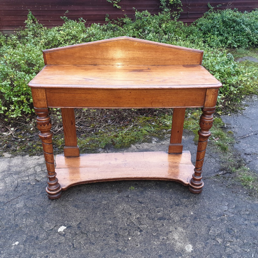 Victorian  golden oak hall table with end drawer. View IV