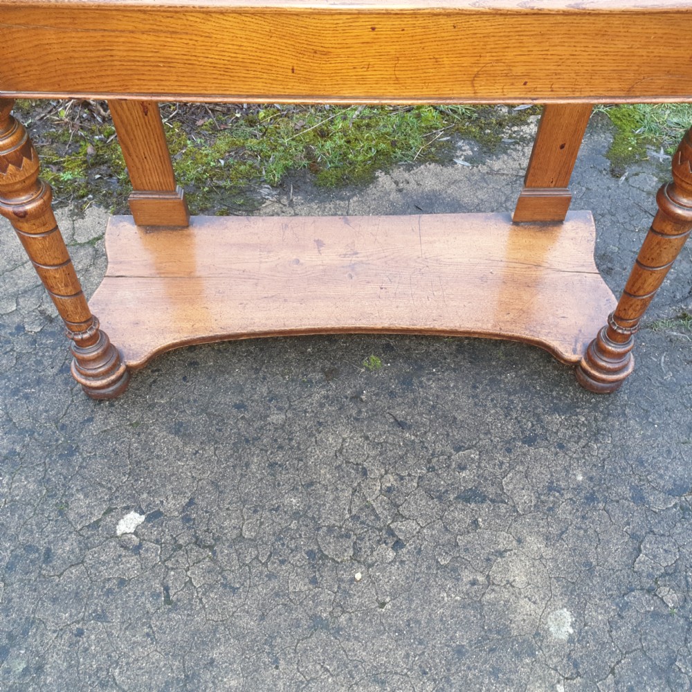 Victorian  golden oak hall table with end drawer. View V