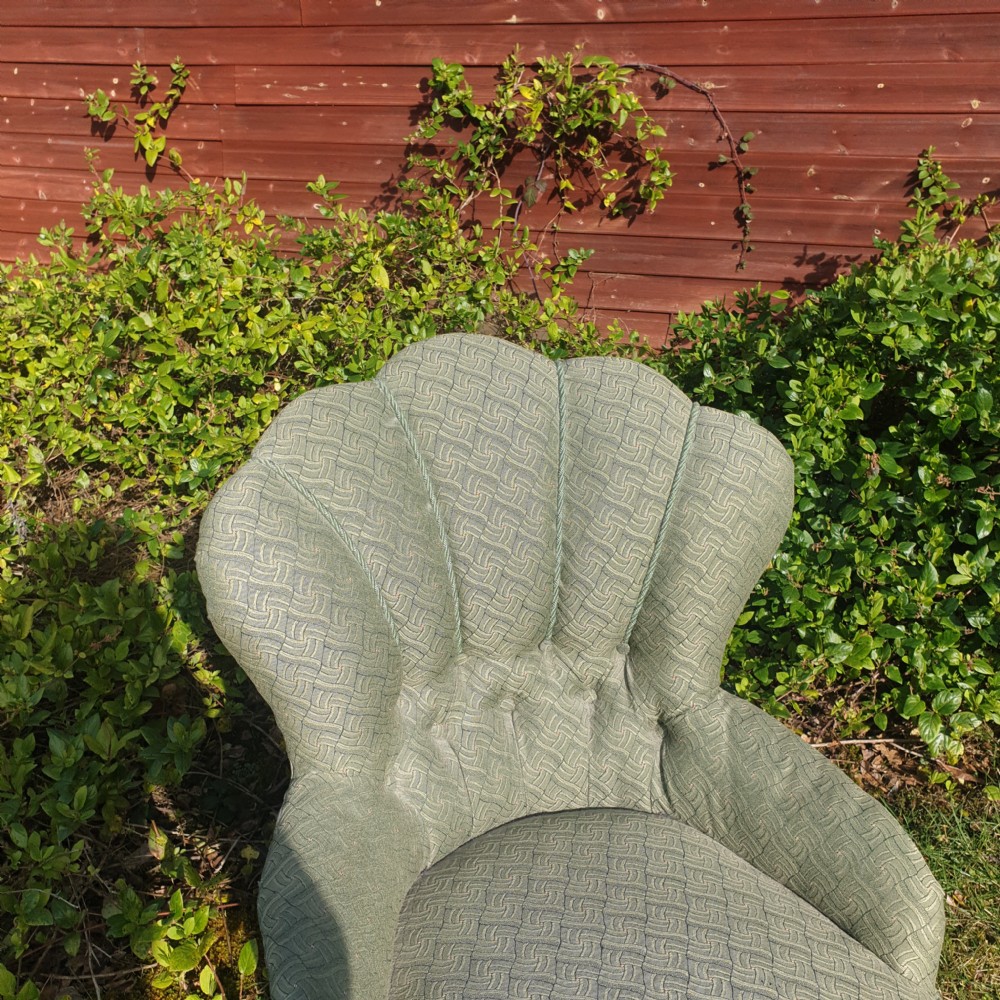 Late Victorian upholstered shell back bedroom chair. View II