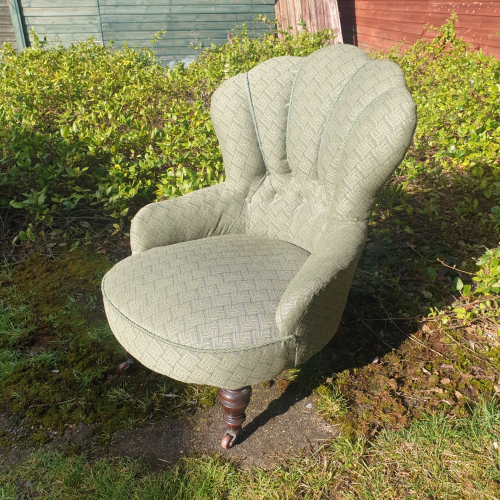 Late Victorian upholstered shell back bedroom chair. View IV